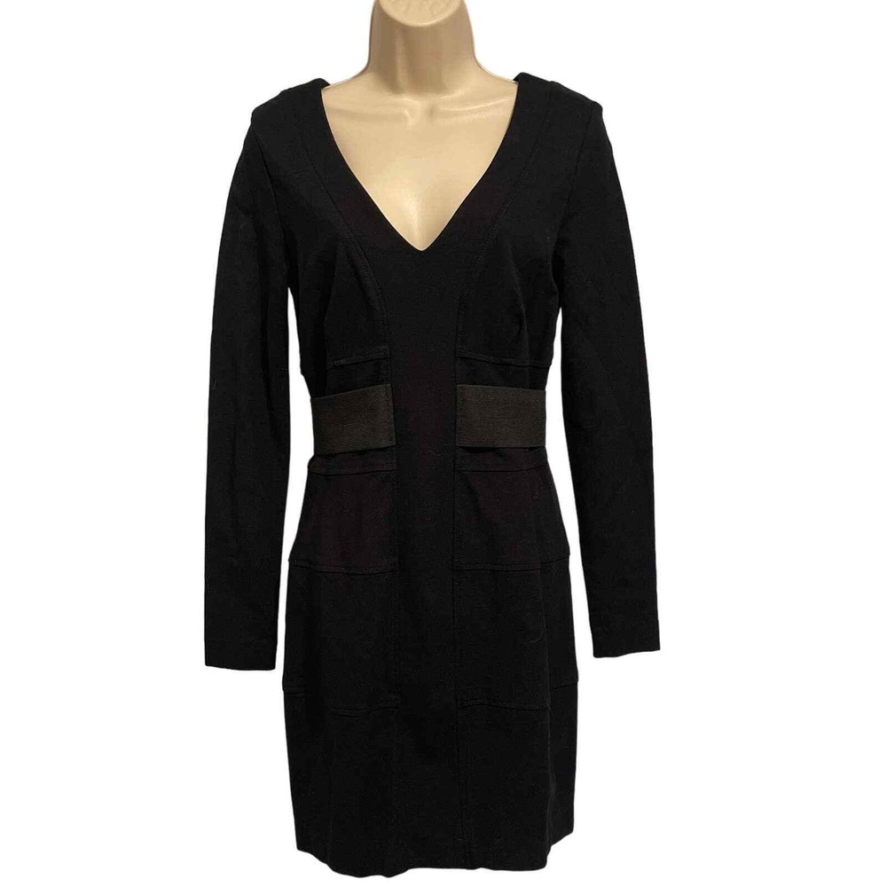 Three Dots Black V-Neck Long Sleeve Banded Waist Sheath‎ Dress Large HB5K038